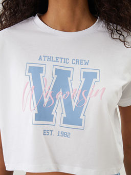 Bisiklet Yaka Bask?l? Crop Kad?n Spor Ti??rt