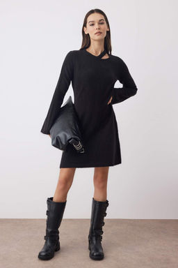 Siyah A-line Mini Triko Yunlu Basic Elbise TWOAW26EL00028