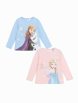 Bisiklet Yaka Elsa Bask?l? K?z ?ocuk Ti??rt 2li