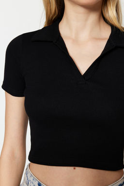 Siyah Fitted/Vucuda Oturan Crop Polo Yaka Fitilli Esnek Orme Bluz TWOSS21BZ0038
