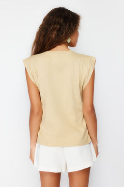 Koyu Bej %100 Pamuk Vatka Gorunumlu Basic Bisiklet Yaka Orme T-Shirt TWOSS20TS0021