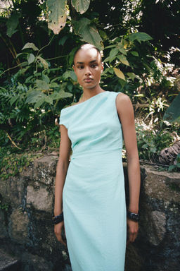 APPLIQU_ ASYMMETRIC LINEN BLEND MIDI DRESS - Zara фото 2