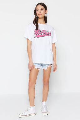 TRENDYOLMILLA Lacivert Bask?l? Oversize/Genis Kal?p Dik Yaka Orme T-Shirt TWOSS23TS00373  фото 2