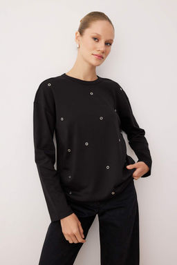 Siyah Soft Touch Kusgozu Detayl? Interlok Relaxed/Rahat Kesim Orme Bluz TWOAW26BZ00258