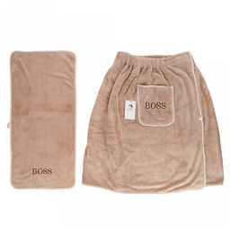 Килт махровый "Хозяин" 75х175см, хлопок 100%, на резинке с липучкой, на кнопке, с карманом, вышивка "Boss"; с полотенцем 75х36см, бежевый (Китай)