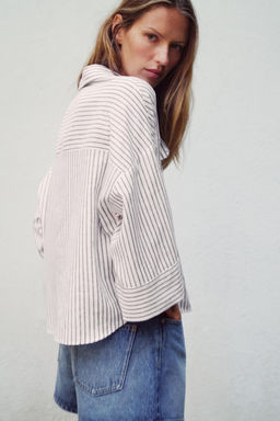 CAMISA RAYAS CON LINO / marron/blanco