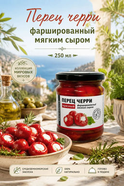 Перчик черри красный, фаршированный сыром, ст.банка, 250г