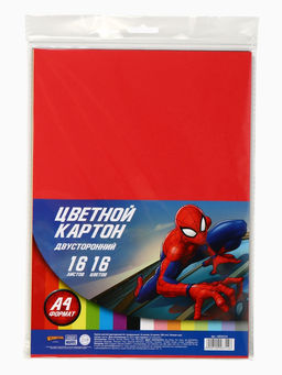 Цветной картон тонированный, А4, 16 листов, 16 цветов, немелованный, двусторонний, в пакете, 180 г/м², «Человек-паук»