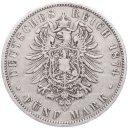 Монета 5 марок 1874 года A Германия (Пруссия)