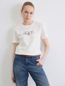 Bisiklet Yaka Bask?l? Kad?n Ti??rt