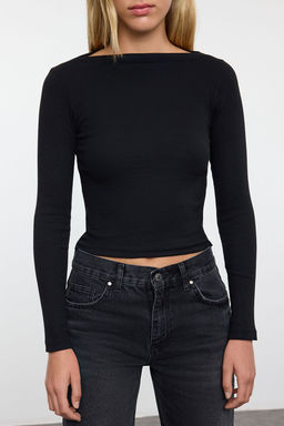 Trendyolmilla Siyah Kay?k Yaka Fitted/Vucuda Oturan Fitilli Esnek Orme Bluz TWOAW25BZ00271  фото 3