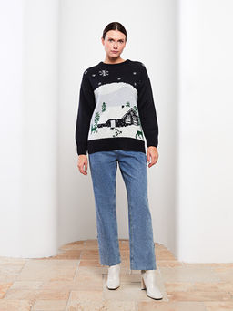 Y?lba?? Temal? Uzun Kollu Kad?n Triko Kazak