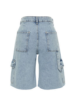 Ac?k Mavi Kargo Cep Yuksek Bel Denim Bermuda TWOSS24SR00091