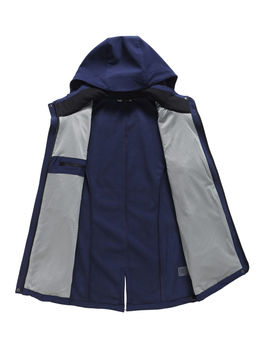 Парка женская софтшелл виндстоппер удлинённая с капюшоном темно-синего цвета 9618_1TS