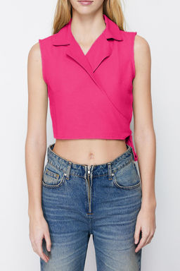 Pembe Baglamal? Keten Gorunumlu Crop Dokuma Bluz TWOSS23BZ00550