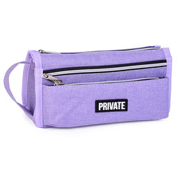 Пенал "Private" 21x10x7,5 см, прямоугольный для 60 предметов, текстильный, на молнии, 2 наружных объемных кармана на молнии, органайзер, с аппликацией из каучука, с ручкой-петлей, сиреневый