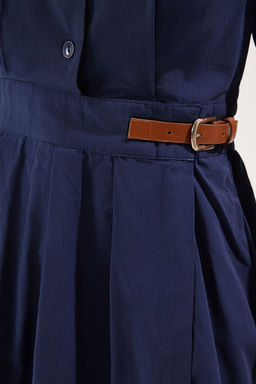 Trendyolmilla Lacivert A- Kesim Pili Ve Kemer Detayl? Poplin Astarl? Midi Dokuma Elbise TWOSS25EL00060 фото 9