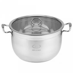 Кастрюля из нержавеющей стали "Аксай" 9,7л, д29,5см, h17,7см, s0,35мм, матовая полировка, стеклянная крышка (общая h21,5см), металлические ручки, с теплораспределительным дном 0,5см, цветная коробка (Китай)