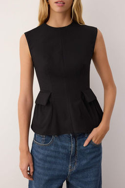 Siyah Pamuklu Gabardin Peplum Cep Detayl? Dokuma Bluz TWOSS25BZ00538