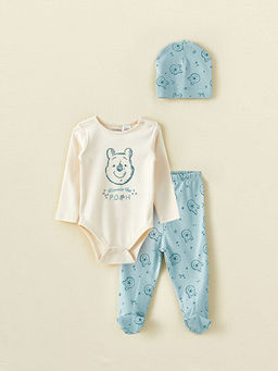 Bisiklet Yaka Uzun Kollu Winnie the Pooh Bask?l? Organik Pamuklu Erkek Bebek 3l? Tak?m