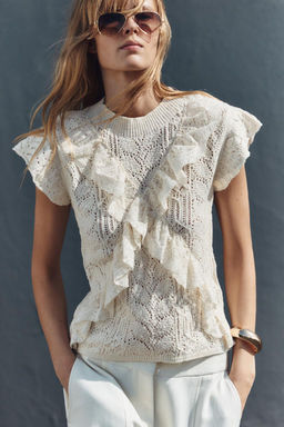 POINTELLE KNIT TOP WITH RUFFLES