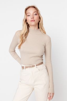 Bej Fitted/Vucuda Oturan Dik Yaka Uzun Kol Fitilli Esnek Orme Bluz TWOAW21BZ0423