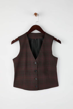 Kahverengi Bordo Ekoseli/Kareli Dokuma Yelek TWOAW26YE00063 - Trendyolmilla фото 5