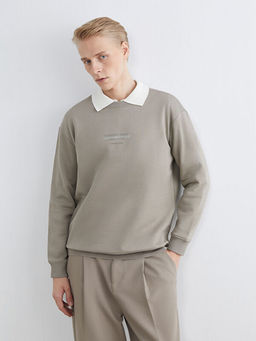 Bisiklet Yaka Bask?l? Erkek Kal?n Sweatshirt