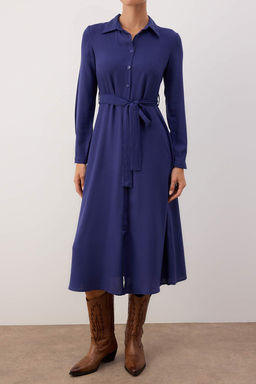 Lacivert Duz Kusakl? Midi Dokuma Elbise TWOAW25EL00436