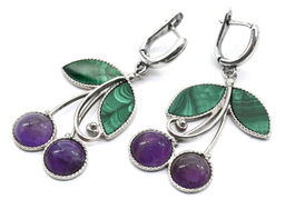 Серьги из малахита и аметиста "Вишенки" 24*34мм.