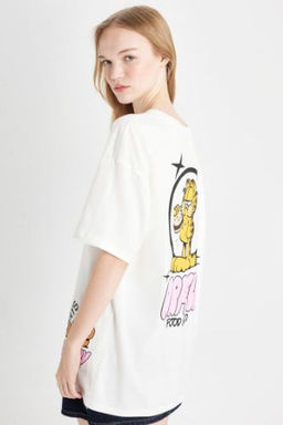 Coool Garfield Oversize Genis Kal?p Bisiklet Yaka S?rt Bask?l? K?sa Kollu Tisort