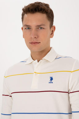 Erkek Regular Fit Polo Yaka _izgili Krem Sweatshirt