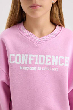 Толстовка из плотной ткани с v-образным вырезом и принтом из мягкой нечеткой ткани с низкими рукавами для девочек - Defacto фото 5