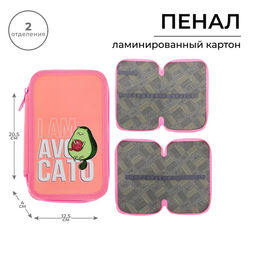 Пенал школьный, 2 секции, 12.5×20.5×4 см «Авокадо-кот»