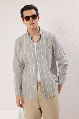 TRENDYOL MAN Bej Lacivert Cizgili Regular Fit Keten Gorunumlu Gomlek TMNSS25GO00037 - Trendyolmilla фото 2