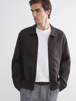 Standart Kal?p G?mlek Yaka %100 Keten Erkek Mont