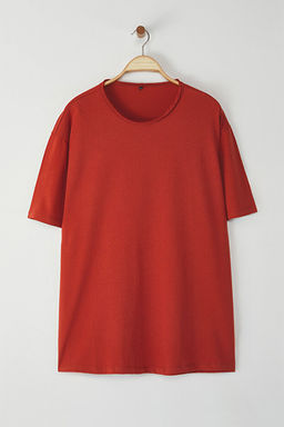 Kiremit B_y_k Beden Oversize/Geni_ Kesim %100 Pamuklu Yaka Detayl_ T-Shirt TMNSS25BF00035 - Trendyolmilla фото 2