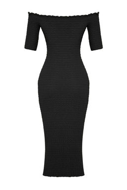 Siyah Duz Midi Dokulu Fitted/Vucuda Oturan Buzgulu Carmen Yaka Esnek Orme Elbise TWOSS25EL00067 - Trendyolmilla фото 10