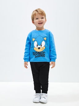 Bisiklet Yaka Sonic Bask?l? Erkek Bebek Sweatshirt ve E?ofman Alt 2li