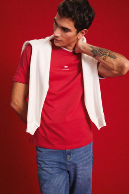 Bisiklet Yaka Kalp Bask?l? K?sa Kollu K?rm?z? Tisort - Defacto фото 2