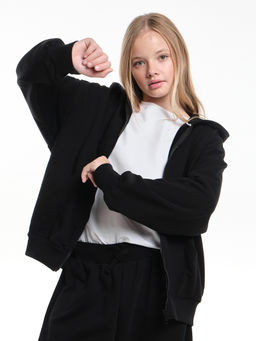 Толстовка зипка оверсайз с капюшоном на молнии 22-5610 черный