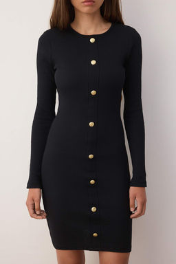 Siyah Duz Bisiklet Yaka Dugmeli Bodyone/Vucuda Oturan Fitilli Esnek Mini Orme Elbise TWOAW26EL00038 - Trendyolmilla фото 3