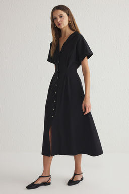 TRENDYOLMILLA Siyah Belden Ac?lan Midi Dokuma Gomlek Elbise TWOSS24EL00052  фото 2