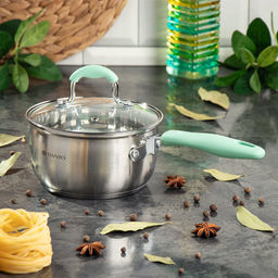 Ковш нерж/ сталь, 1.7 л, крышка стекло, индукция, силикон/ ручки мятные, SD23-16SP-2 Daniks, 451813