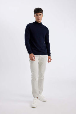 Lacivert Slim Fit Dar Kesim Yar?m Bal?kc? Yaka Basic Duz Triko Kazak - Defacto фото 4