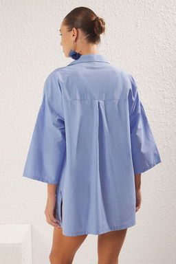 Trendyolmilla Mavi Mini Dokuma Gomlek Yaka Brode Plaj Elbisesi TBESS25EL00023 фото 5