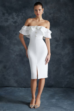 Bridal Ekru Astarl? Volanl? Dokuma Abiye Gece Elbise TPRSS21EL1403