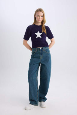 Плюшевый свитер с короткими рукавами и короткими рукавами с круглым вырезом и принтом звезд - Defacto фото 2