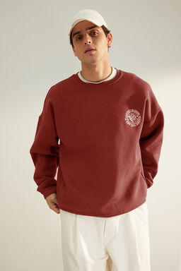 TRENDYOL MAN Kahverengi Oversize/Genis Kesim Cicek Nak?s Ici Polar/S?cak Tutan Pamuk Sweatshirt TMNAW24SW00012 - Trendyolmilla фото 3