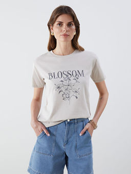 Bisiklet Yaka Bask?l? Kad?n Ti??rt